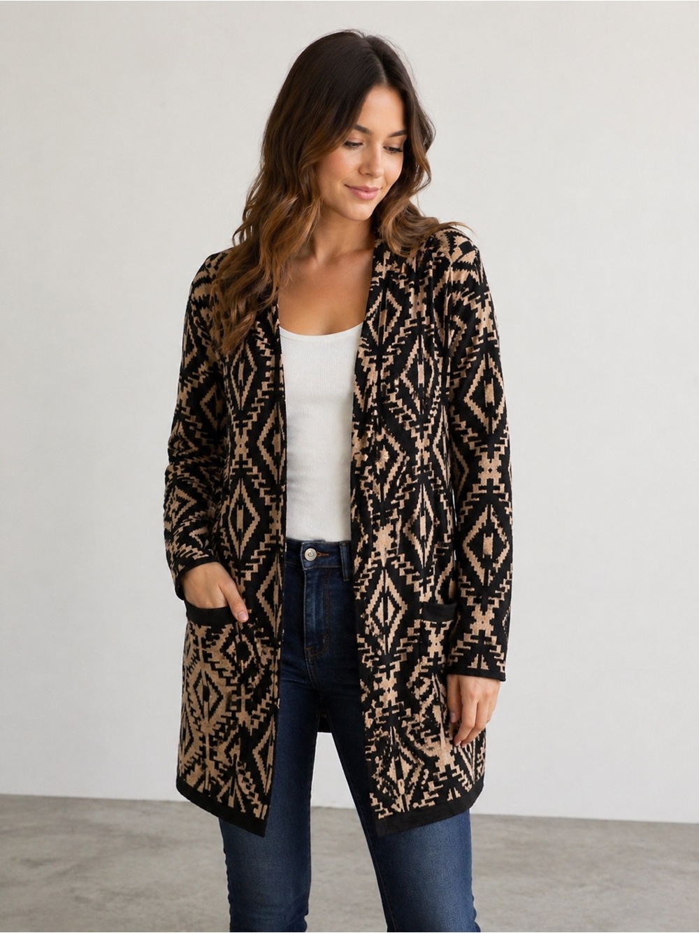 Romeo & Juliet | Aztec Print Cardigan Size Large Open Front | 100% Cotton